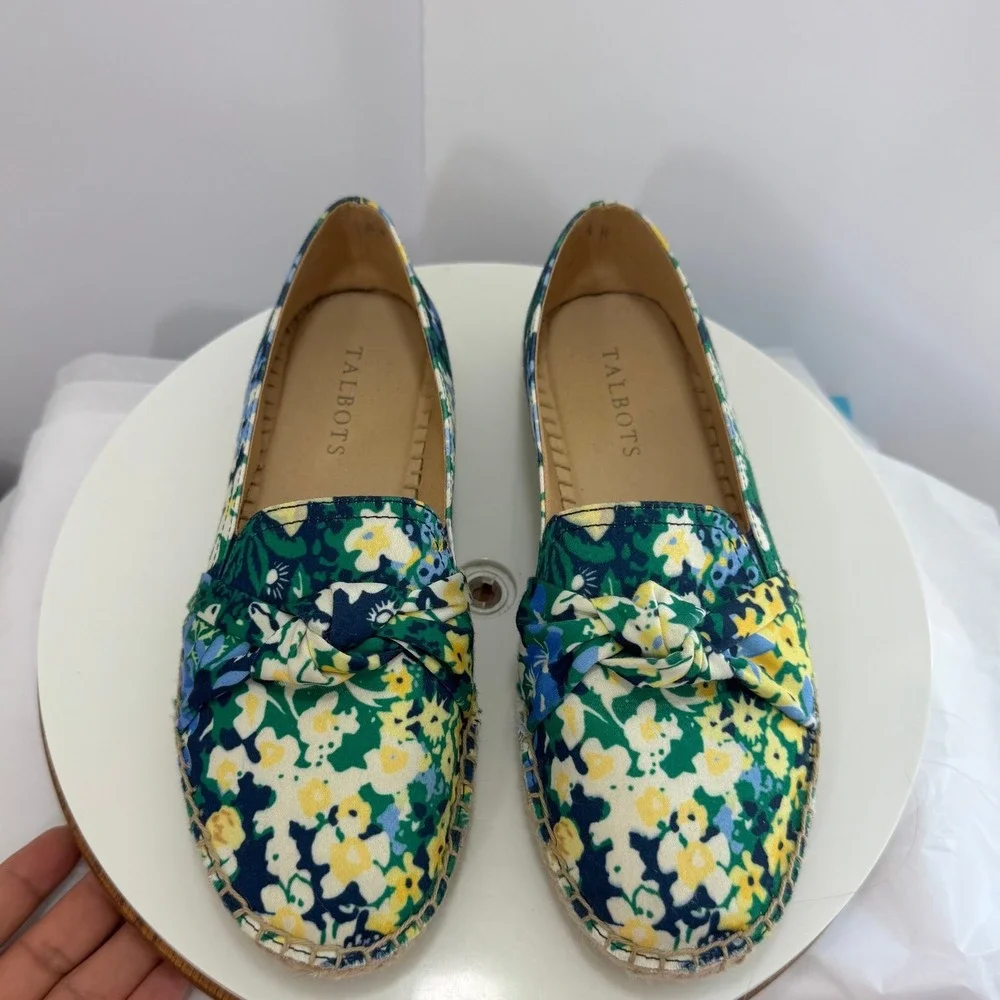 Talbots Womens Floral Canvas Espadrille Loafers Green Blue Yellow Bow 6.5